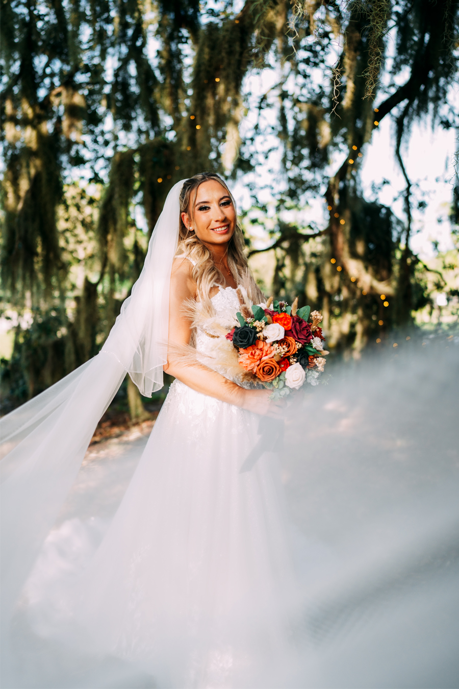 Beautiful portrait of bride with her flowing veil at Ever After Farms Ranch